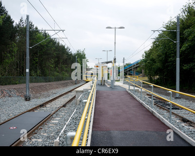 Oldham Mumps temporaneo arresto Metrolink. Oldham, Greater Manchester, Regno Unito Foto Stock