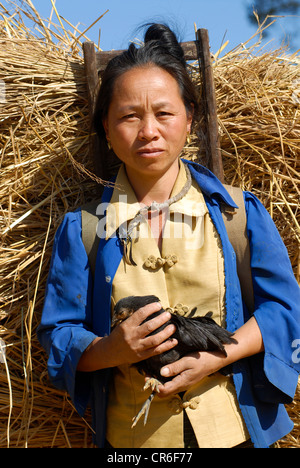 Laos , villaggio hmong Nam Kha , donna con pollo Foto Stock