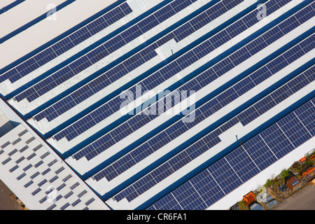 Vista aerea, impianto fotovoltaico su un tetto piatto, Hollerdau, Baviera, Germania, Europa Foto Stock