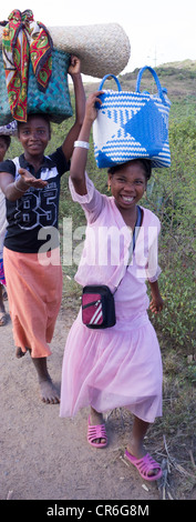 Donna cestello di trasporto sulla testa, Fort Dauphin - Berenty road, Madagascar Foto Stock