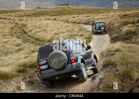 4WDs su Waikaia Bush Traccia, Vecchio Uomo gamma, Southland, Isola del Sud, Nuova Zelanda Foto Stock