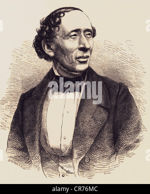 Andersen, Hans Christian, poeta e autore danese, nato il 02. 04. 1805 a Odense, morto 04. 08. 1875 a Kopenhagen, ritratto, incisione in legno su disegno di H.P. Hansen, circa 1875, , Foto Stock