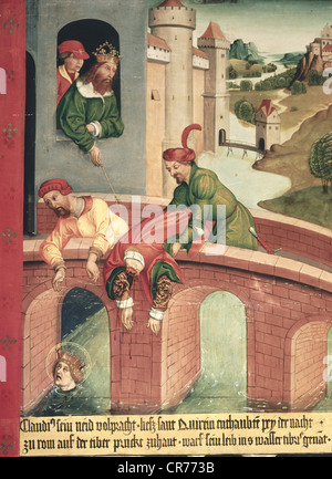 Quirino di Neuss, circa 130 d.C., santo, martire cristiano, a mezza lunghezza, decapitato sul Ponte Tevere a Roma, particolare di un piatto di leggenda, olio su legno, 82x57 cm, Baviera, circa 1510, Foto Stock