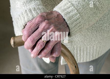 Le mani della signora anziana holding bastone, Dorset, Inghilterra, Regno Unito. Foto Stock