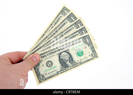 One hand holding 1 Dollar bills Foto Stock
