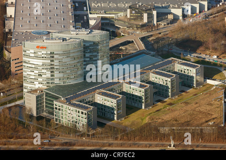 Vista aerea, E.ON Ruhrgas sede in Essen alla fiera Messe Essen sito e Gruga Park, Essen, la zona della Ruhr Foto Stock