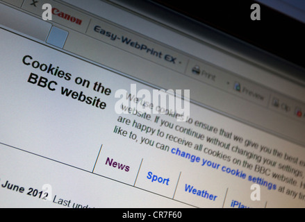 Avviso circa l'uso di cookie sul sito web della BBC, Londra Foto Stock