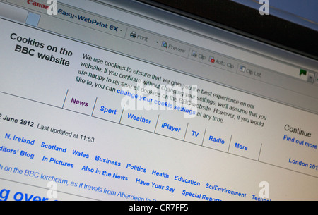 Avviso circa l'uso di cookie sul sito web della BBC, Londra Foto Stock