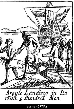 Campbell, Archibald, primo marchese di Argyll, 1607 - 27.5.1661, uomo politico scozzese, lo sbarco in Ila con 500 uomini, contemporanea incisione su rame, artista del diritto d'autore non deve essere cancellata Foto Stock