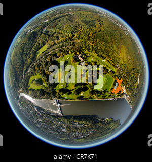 Vista aerea, fisheye shot, campo da golf al lago Baldeneysee, Lago Baldeney, fiume Ruhr, Essen-Werden, Essen, la zona della Ruhr Foto Stock