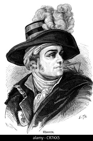 Charettes de la Contrie, Francois Athanase de, 21.4.1763 - 26.3.1796, ufficiale navale francese, leader della Revolt nella Vandea 1793 - 1796, ritratto, incisione in legno, 19th secolo, Foto Stock