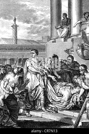 Voltaire, (Francois Arouet), 21.11.1694 - 30.5.1778, filosofo francese, illustrazione per l'ultima scena del terzo atto della tragedia "Cesare morte" (La Mort de Cesar), dopo il disegno da Moreau e incisione su rame da Duclosm incisione su legno, da Jules Huyot (1841 - 1885), secolo XIX, , artista del diritto d'autore non deve essere cancellata Foto Stock