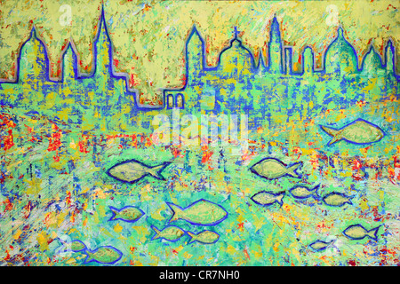 La pittura della città e dei pesci Foto Stock