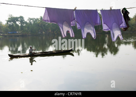 L'uomo remare una barca stretta passato viola di asciugatura servizio lavanderia, Kanjippadom, vicino a Alappuzha (Alleppey), Kerala, India Foto Stock