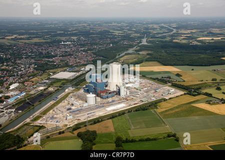 Vista aerea, EON Datteln 4 Power Station, Dortmund-Ems Canal, Datteln, la zona della Ruhr, Renania settentrionale-Vestfalia, Germania, Europa Foto Stock
