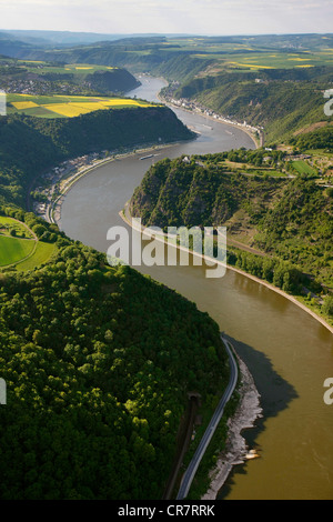 Vista aerea, Loreley Rock, Oberwesel, Reno, acqua bassa, Valle del Reno superiore e centrale sito Patrimonio Mondiale Foto Stock