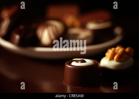 Cioccolatini su un piatto bianco al buio su un sfondo marrone Foto Stock