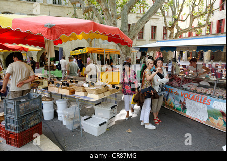 Francia Gard Uzes elencati come città di arte e storia Place aux Herbes circondato da case porticate è dove il mercato settimanale Foto Stock