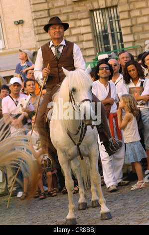 Francia, Vaucluse, Avignone, Avignon festival, parata di apertura del festival con i mandriani (protezioni) e i cavalli Camargue Foto Stock