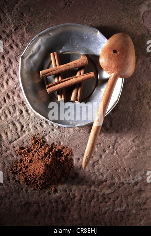 Bastoncini di cannella (Cinnamomum) su una piastra di metallo con un cucchiaio di legno e la polvere di cannella su un rustico con base in pietra Foto Stock