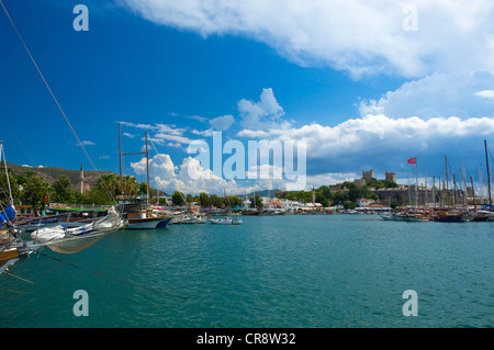 Caicco barche in marina e Castel San Pietro a Bodrum, Costa Turca dell'Egeo, Turchia Foto Stock