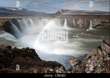 Rainbow nello spruzzo della cascata Goðafoss, Nord Islanda, Islanda, Europa Foto Stock