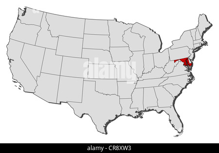 Mappa politica degli Stati Uniti con i vari Stati in cui Marylansd è evidenziata. Foto Stock