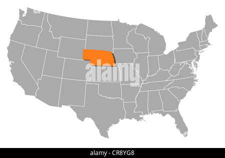 Mappa politica degli Stati Uniti con i vari Stati in cui Nebraska è evidenziata. Foto Stock