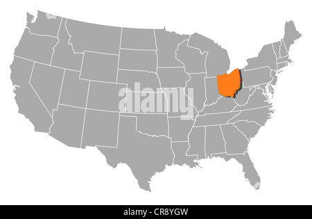 Mappa politica degli Stati Uniti con i vari Stati in cui Ohio è evidenziata. Foto Stock