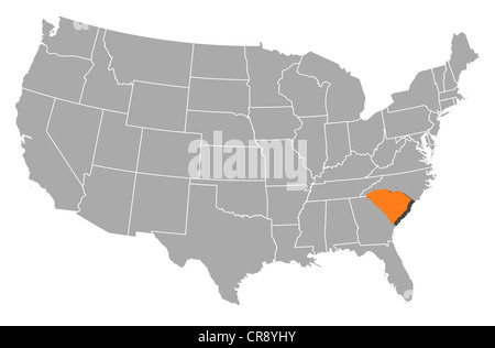 Mappa politica degli Stati Uniti con i vari Stati in cui Carolina del Sud è evidenziata. Foto Stock