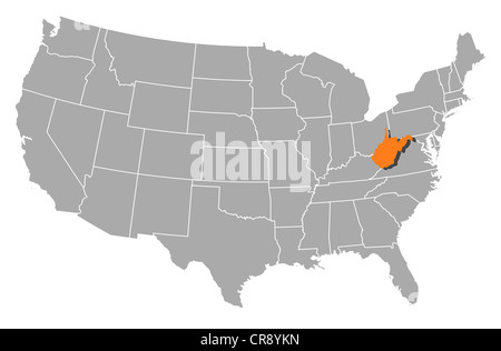 Mappa politica degli Stati Uniti con i vari Stati in cui West Virginia è evidenziata. Foto Stock