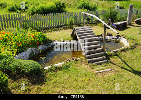 Piccolo laghetto in giardino con ponte di legno in estate Foto Stock