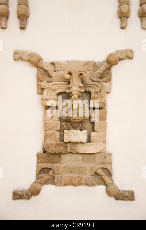 Il carving presso Copan rovine, sito maya di Copan, sito Patrimonio Mondiale dell'UNESCO, Honduras Foto Stock