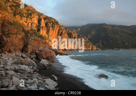 La spiaggia e gli scogli lungo la costa occidentale della Corsica, Francia, Europa Foto Stock