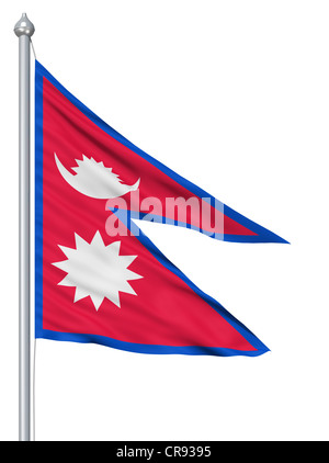 Bandiera del Nepal con il pennone sventolare nel vento contro uno sfondo bianco Foto Stock