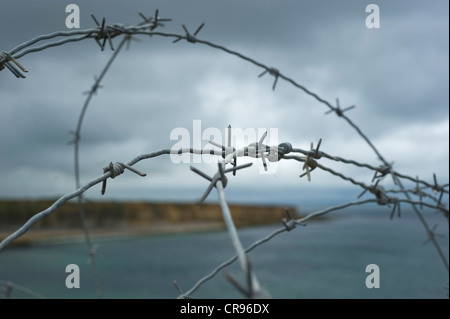 Filo spinato a La Pointe du Hoc, scogliere sulla costa del Calvados In Normandia dove ci un battaglione di ranger distrutti in modo strategico Foto Stock