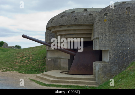 Atlantic Wall, Tedesco posizioni, D-Day, 150 mm Krupp cannon, Longues sur Mer, in Normandia, Francia, Europa Foto Stock