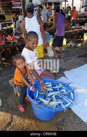 Donna di Papua come un pescivendolo la vendita di pesce fresco al mercato del pesce in Kota Biak, isola di Biak, Papua occidentale, in Indonesia Foto Stock