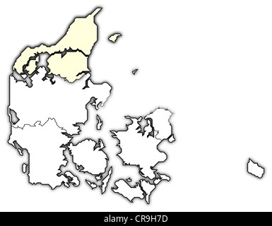 Mappa Politico di Danmark con le diverse regioni dove il nord della Danimarca è evidenziata. Foto Stock