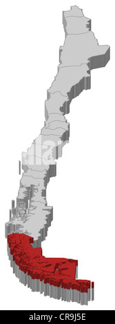 Mappa politica del Cile con le diverse regioni dove Magellan e Antartide cilena è evidenziata. Foto Stock