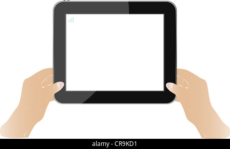 Mani tenendo premuto il touch screen tablet pc con schermo vuoto Foto Stock