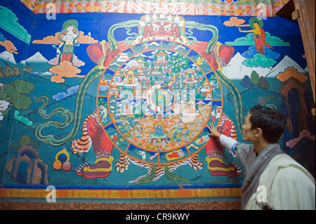 Pittura murale a paro Rinpung Dzong (1644), Paro, Bhutan, Asia Foto Stock