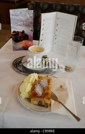 Una delle tante prelibatezze della caffetteria austriaca, una tazza di espresso doppio con liquore Mozart, panna montata e mandorle con strudel di mele, panna fresca e. Foto Stock