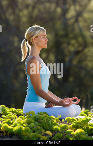 La donna le pratiche yoga a Makena, Maui, Hawaii. Foto Stock
