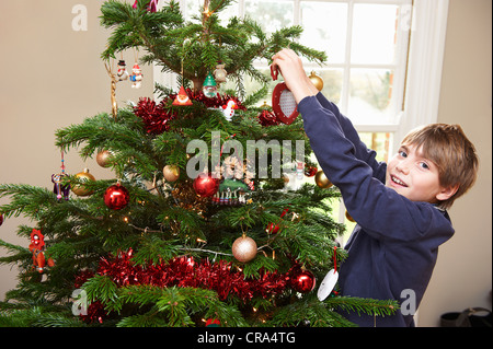 Ragazzo decorare albero di Natale Foto Stock