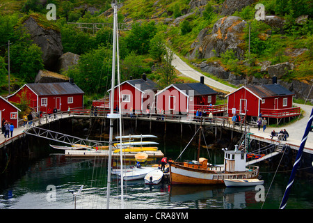 Piccole case in legno, villaggio di pescatori, Nusfjord, Lofoten, Norvegia, Scandinavia, Europa Foto Stock