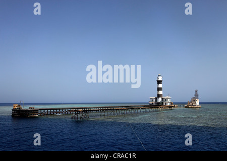 Faro con un pontile e Coral reef, Daedalus Reef, Egitto, Mare Rosso, Africa Foto Stock