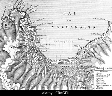 Mappa di Valparaiso, Cile, storico illustrazione, Meyers Konversationslexikon encyclopedia, 1897 Foto Stock