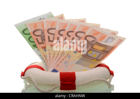 Ancora di salvezza con le banconote in euro, immagine simbolica di euro rescue Foto Stock