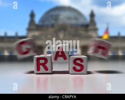 Cinque dadi in movimento, formanti la parola 'crash', offuscata reichstag sul retro, Berlino, Germania, Europa Foto Stock